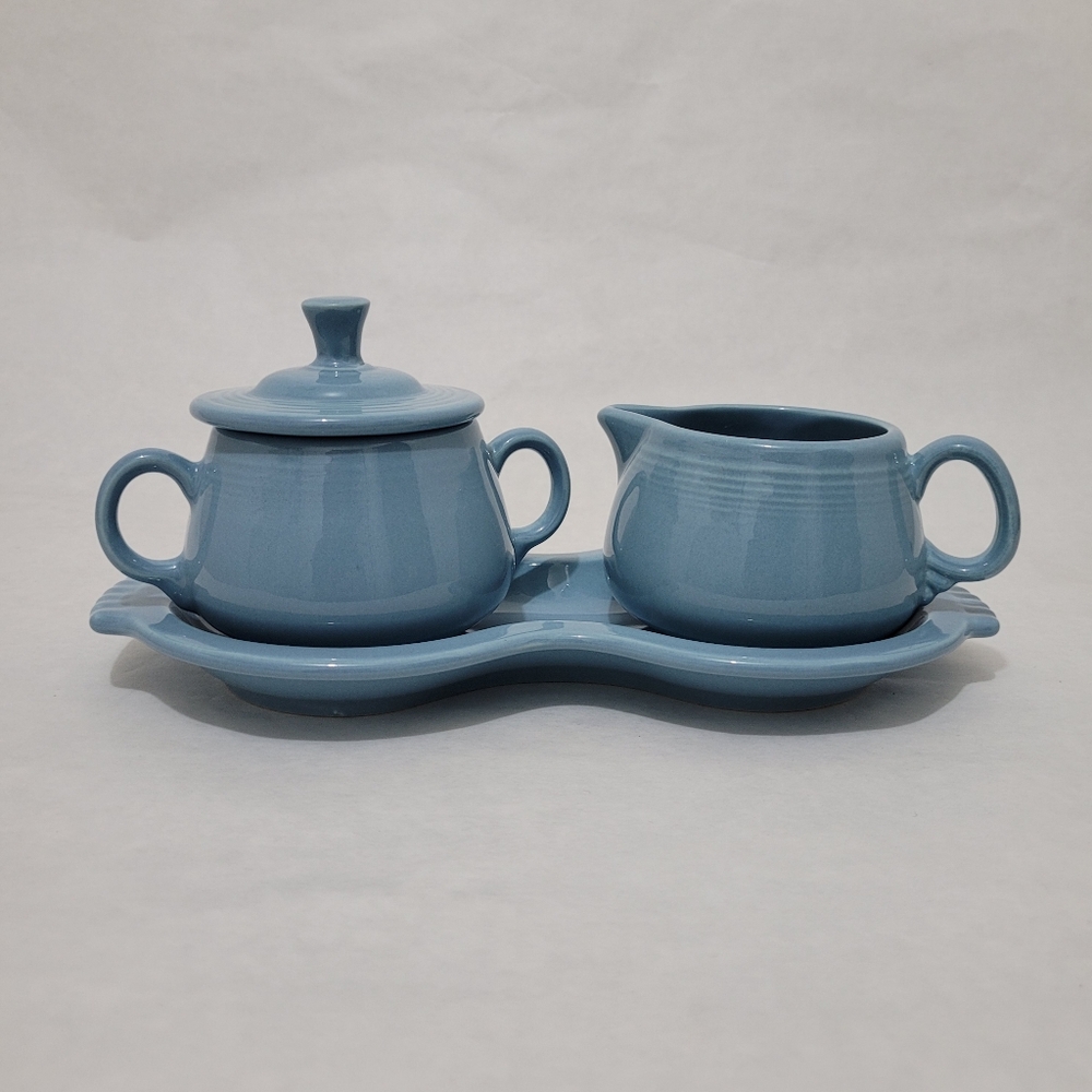 Fiestaware Retired Periwinkle Blue Sugar Bowl Creamer Tray Set
